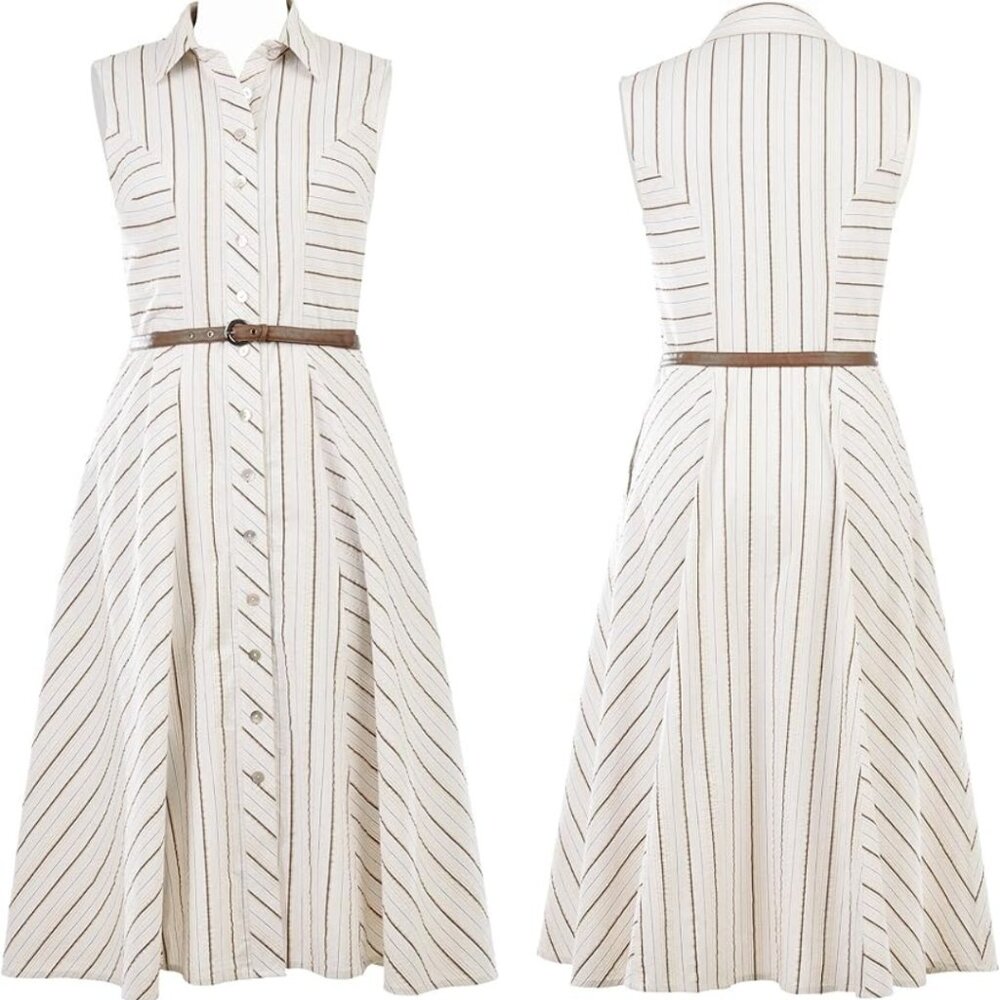 eShakti Cotton Seersucker Belted A-line Shirtdress